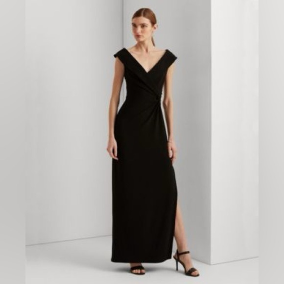 RALPH LAUREN
Women's Jersey Off-the-shoulder Side-slit Column Gown In Black - Picture 4 of 15